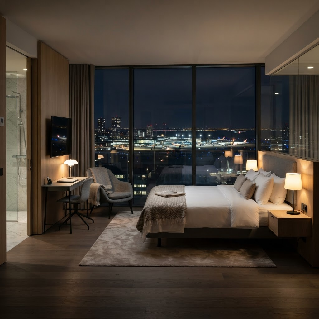 Luxury hotel room with city view